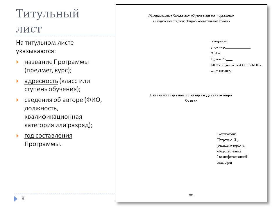 Расположение структурных элементов на титульном листе